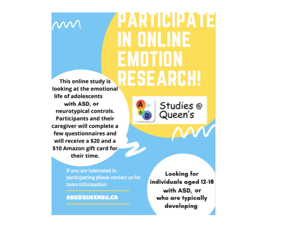 Looking for children with ASD (nonverbal) or neurotypical children, age 12-18,  to participate in online emotion research.  Contact ASD@queensu.ca.